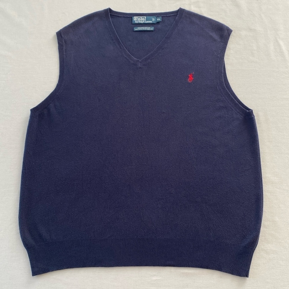 VTG Polo Ralph Lauren Pima Cotton V-neck Navy Blue Sweater Vest Men's Size XL - Picture 3 of 9